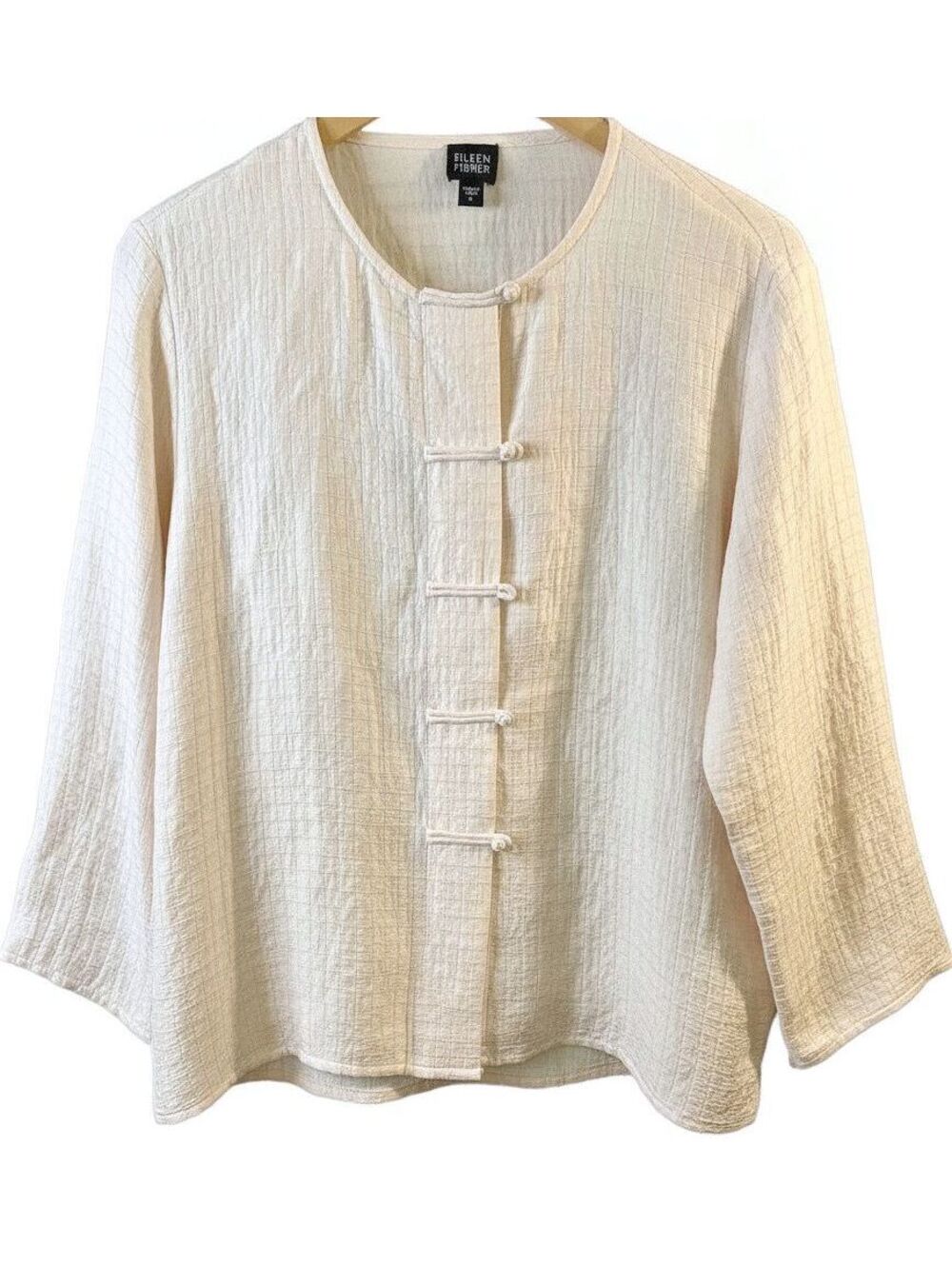 Eileen Fisher Ivory Silk Linen Textured Jacket Top L Frog Closure Minimalist